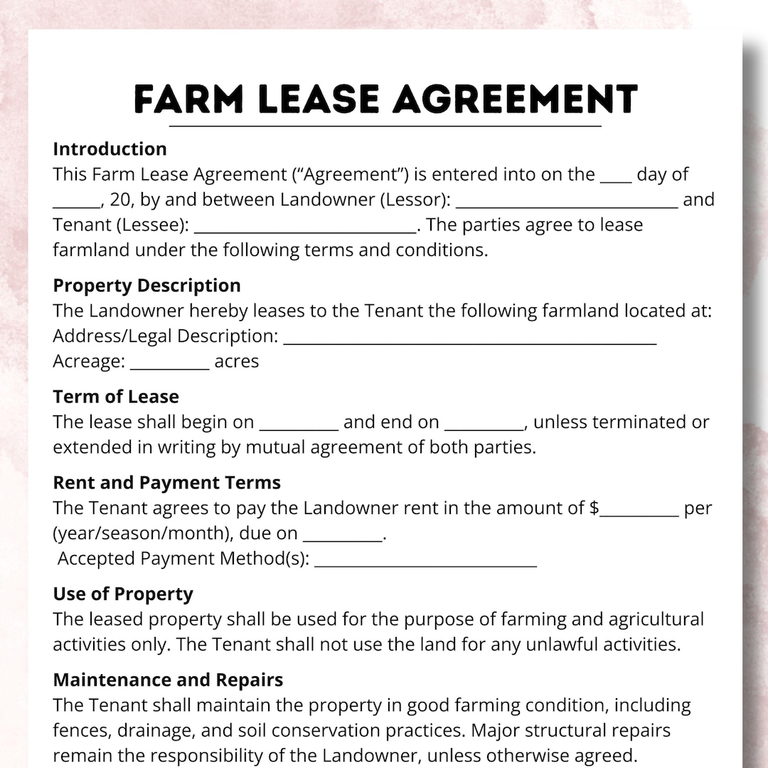 Simple Farm Lease Contract, One Page Agricultural Land Lease Form ...