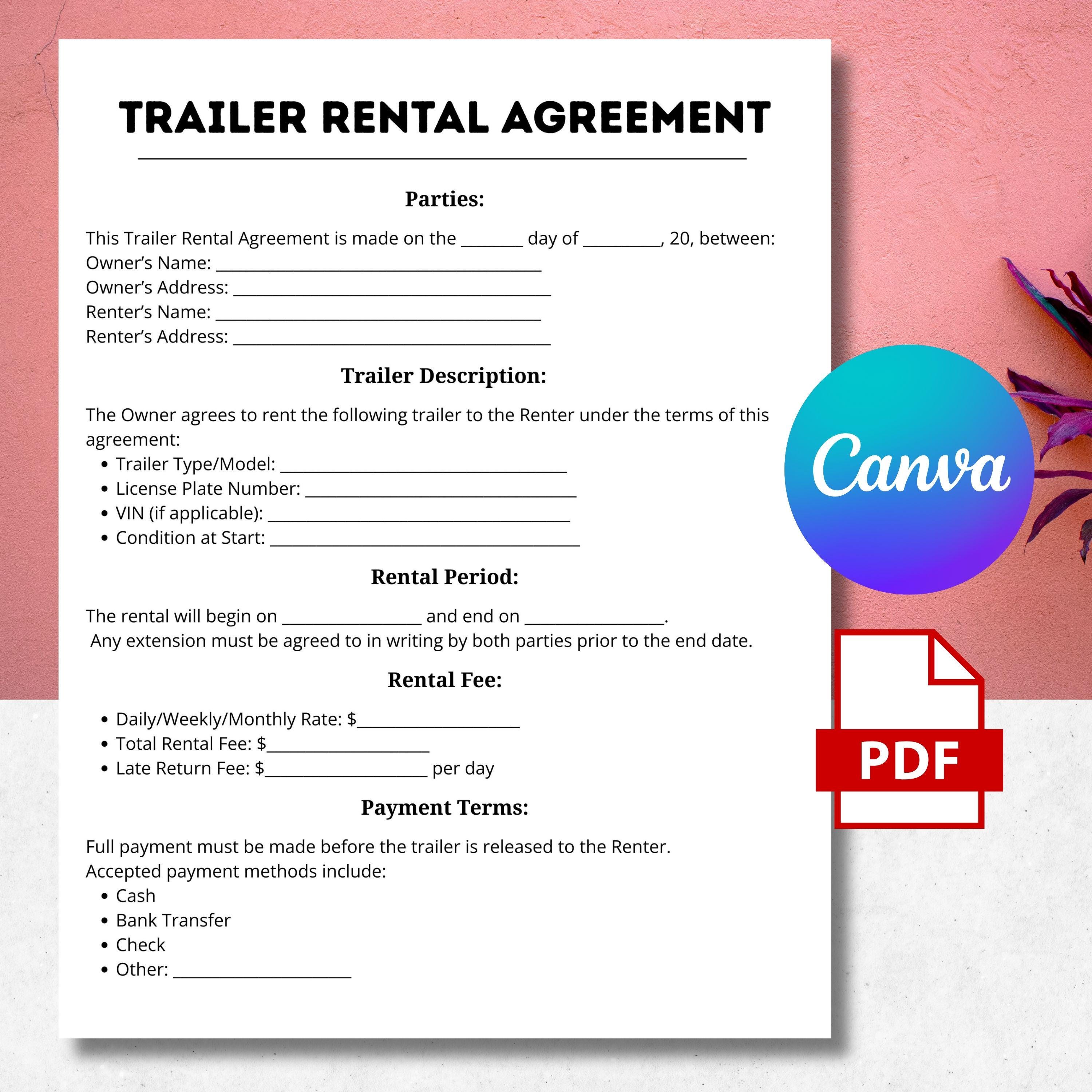 Personal Rv Rental Form Trailer Rental Form, Trailer Agreement, Rental Contract, Rent Agreement ...