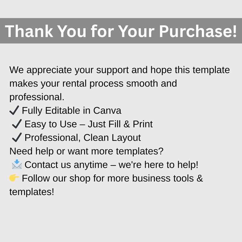 K&ouml;nnte beinhalten: Hellgraue Grafik mit dem Text "Thank You for Your Purchase!" und weiterem Text zu einer Vorlage. Der Text enth&auml;lt "Fully Editable in Canva", "Easy to Use" und "Professional, Clean Layout".