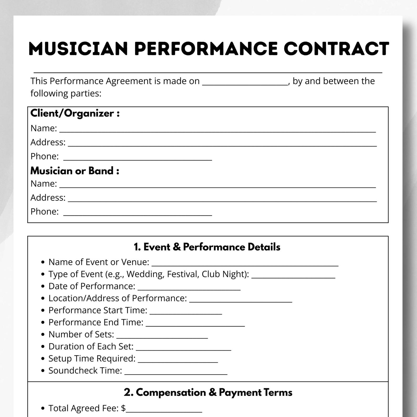 Musician Contract, Performance, Band Contract, Musician Agreement ...