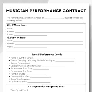 May include: A musician performance contract on white paper. The document includes sections for client/organizer and musician/band details, event details, and compensation terms. Text includes "Musician Performance Contract".