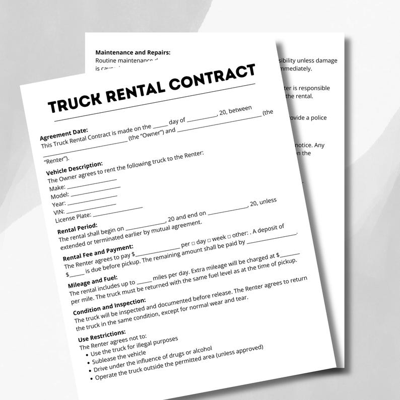 Truck Rental Contract Template, Editable PDF, Canva Template - Etsy