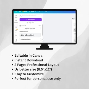 Puede incluir: Un monitor de ordenador negro que muestra la interfaz de Canva. La pantalla muestra opciones para agregar texto y encabezados. Debajo del monitor hay vi&ntilde;etas: Editable en Canva, Descarga instant&aacute;nea, Dise&ntilde;o profesional de 2 p&aacute;ginas, Tama&ntilde;o carta de EE. UU. (21,6 cm x 27,9 cm) y F&aacute;cil de personalizar.