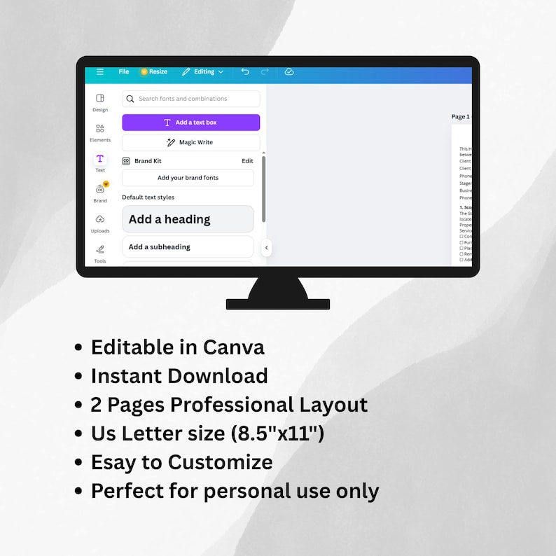 Puede incluir: Un monitor de ordenador negro que muestra la interfaz de Canva. La pantalla muestra opciones para agregar texto y encabezados. Debajo del monitor hay vi&ntilde;etas: Editable en Canva, Descarga instant&aacute;nea, Dise&ntilde;o profesional de 2 p&aacute;ginas, Tama&ntilde;o carta de EE. UU. (21,6 cm x 27,9 cm) y F&aacute;cil de personalizar.