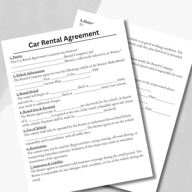 Puede incluir: Un contrato de alquiler de coche en papel blanco, con secciones para las partes, informaci&oacute;n del veh&iacute;culo, per&iacute;odo de alquiler, tarifas y restricciones. El documento incluye l&iacute;neas para firmas y fechas.