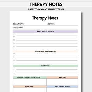 Può includere: Un modello stampabile di Therapy Notes in formato US Letter. Il documento presenta sezioni per la data della sessione, il nome del cliente, gli argomenti principali, le note della sessione, gli obiettivi del cliente, le risorse, i compiti, il piano d'azione e il piano per la prossima sessione.