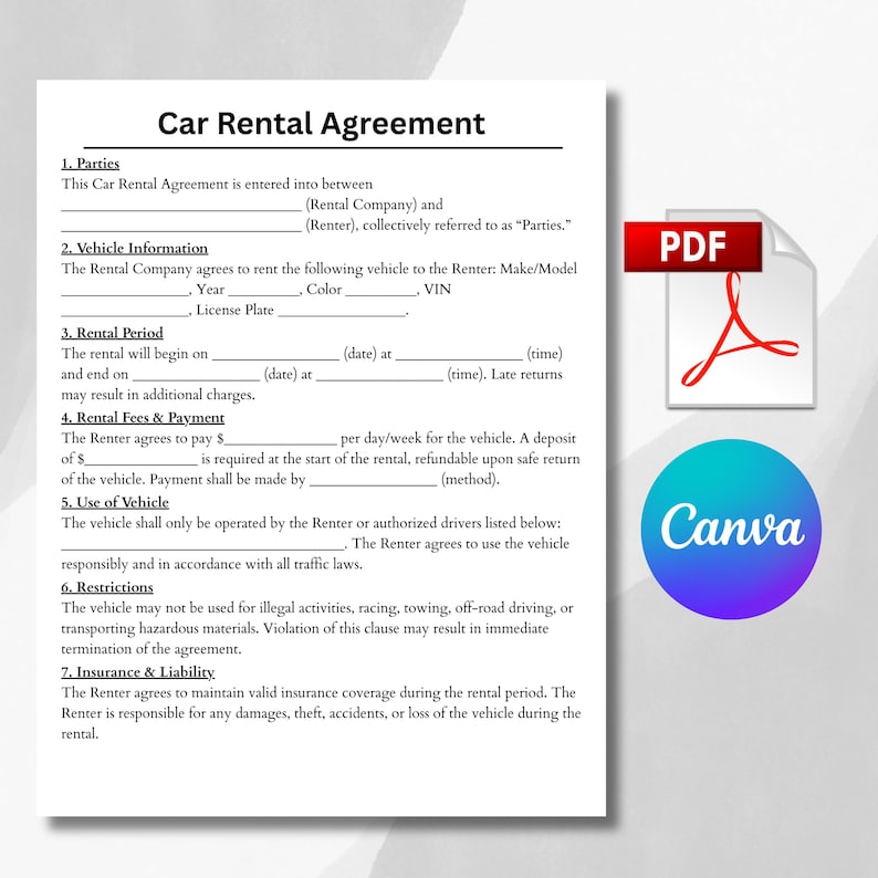 Puede incluir: Un modelo de contrato de alquiler de coches con el t&iacute;tulo "Car Rental Agreement". El documento incluye secciones para las partes, la informaci&oacute;n del veh&iacute;culo, el per&iacute;odo de alquiler, las tarifas, el uso del veh&iacute;culo, las restricciones y el seguro. Un icono de PDF y un logotipo de Canva son visibles.