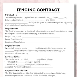 May include: A fencing contract template with the title "FENCING CONTRACT" at the top. The document includes sections for introduction, scope of work, project timeline, payment terms, and client responsibilities. The text is black on a white background.