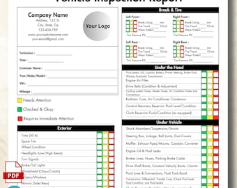 May include: Vehicle inspection report template with sections for company information, vehicle details, and inspection results. Includes areas for tire condition, brake condition, and under-the-hood checks. Features a "Needs Attention" and "Checked & Okay" indicator.