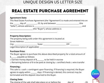 May include: A Real Estate Purchase Agreement document with the text "REAL ESTATE PURCHASE AGREEMENT" at the top. The document is designed for US Letter size. The document includes sections for agreement date, property description, purchase price, financing, and closing date.