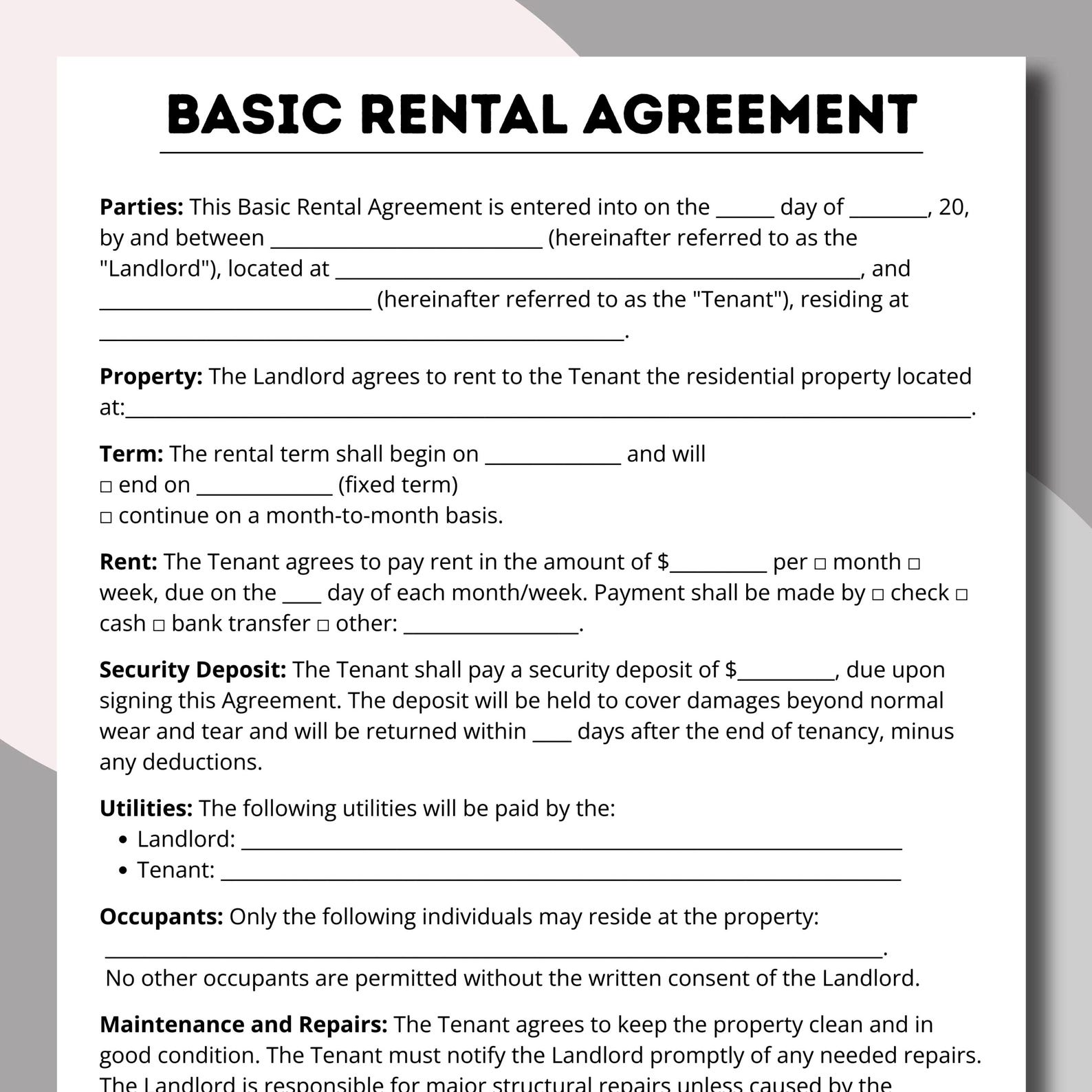 Basic Rent Contract Basic Rental Agreement Pdf, Printable Agreements, Fillable Rental Form ...