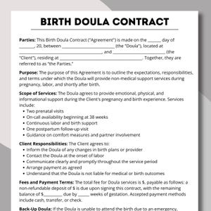Può includere: Un documento di Contratto di Doula per la Nascita con il titolo "BIRTH DOULA CONTRACT". Il contratto delinea l'accordo tra la doula e il cliente, dettagliando servizi, responsabilità e termini di pagamento. Testo nero su sfondo bianco.