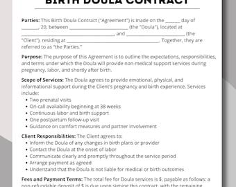 Contrato de doula de parto, acuerdo de doula, contrato de doula, folleto de doula, plantillas de doula, tarjeta de presentación de doula, factura de doula, formularios de doula