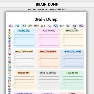 Könnte beinhalten: Eine druckbare Brain Dump Planer-Seite im US-Letter-Format mit einem Monatskalender-Header, einer nummerierten Liste von 1 bis 31 und kategorisierten Aufgabenbereichen mit den Titeln I NEED TO CALL, EMAIL, TEXT, FOLLOW UP, SCHEDULE, DO TODAY, BUY und NOTES.