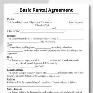 May include: A black and white document headed "Basic Rental Agreement". The form includes sections for parties, property, term, rent, security deposit, utilities, and use of property. The text is in a clear, readable font, designed for completion.