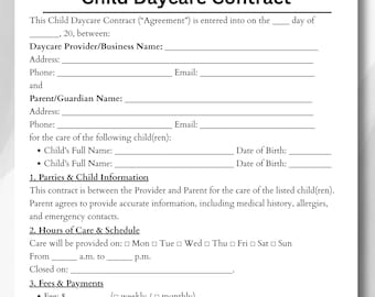 May include: A printed Child Daycare Contract on white paper. The document includes sections for daycare provider and parent information, hours of care, fees, and payments. The title "Child Daycare Contract" is at the top.