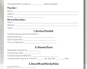 May include: A white daycare service contract with black text. The document includes sections for provider and parent/guardian information, services provided, payment terms, drop-off/pick-up policy, and holidays/closures. The title reads "DAYCARE SERVICE CONTRACT".