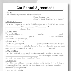 Puede incluir: Un documento de contrato de alquiler de coche con el t&iacute;tulo "Car Rental Agreement". El documento incluye secciones para las partes, la informaci&oacute;n del veh&iacute;culo, el per&iacute;odo de alquiler, las tarifas, el uso del veh&iacute;culo y las restricciones. El texto es negro sobre fondo blanco.
