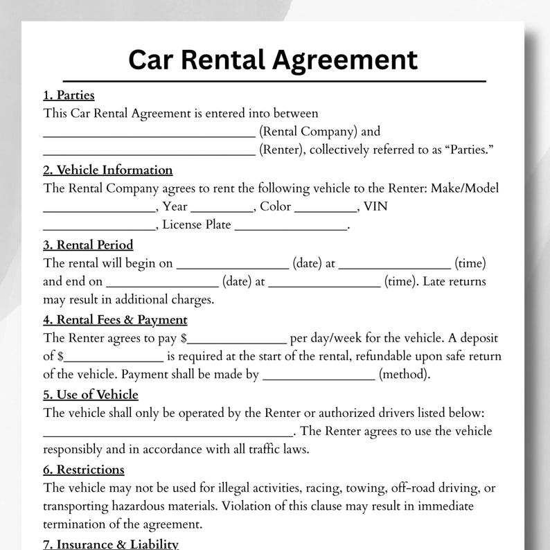 Puede incluir: Un documento de contrato de alquiler de coche con el t&iacute;tulo "Car Rental Agreement". El documento incluye secciones para las partes, la informaci&oacute;n del veh&iacute;culo, el per&iacute;odo de alquiler, las tarifas, el uso del veh&iacute;culo y las restricciones. El texto es negro sobre fondo blanco.