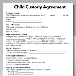 Op de afbeelding: Een zwart-wit document getiteld "Child Custody Agreement". Het document bevat secties voor datum en partijen, kindinformatie, wettelijke en fysieke voogdij, hoofdverblijfplaats, ouderschapsregeling en vakantierooster.