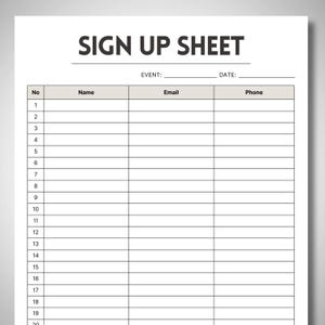 Op de afbeelding: Een wit inschrijfformulier met de tekst "SIGN UP SHEET" bovenaan. Hieronder staan gelabelde kolommen voor "No", "Name", "Email" en "Phone", met genummerde rijen voor invoer. Er zijn ook lijnen voor "EVENT:" en "DATE:"