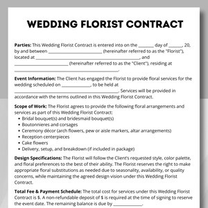 Hochzeitsblumenvertrag, Floristenvertrag, Hochzeitsvertrag, Hochzeitsflorist, Vertragsvorlage, Kundenvereinbarung, Eventdekorvertrag