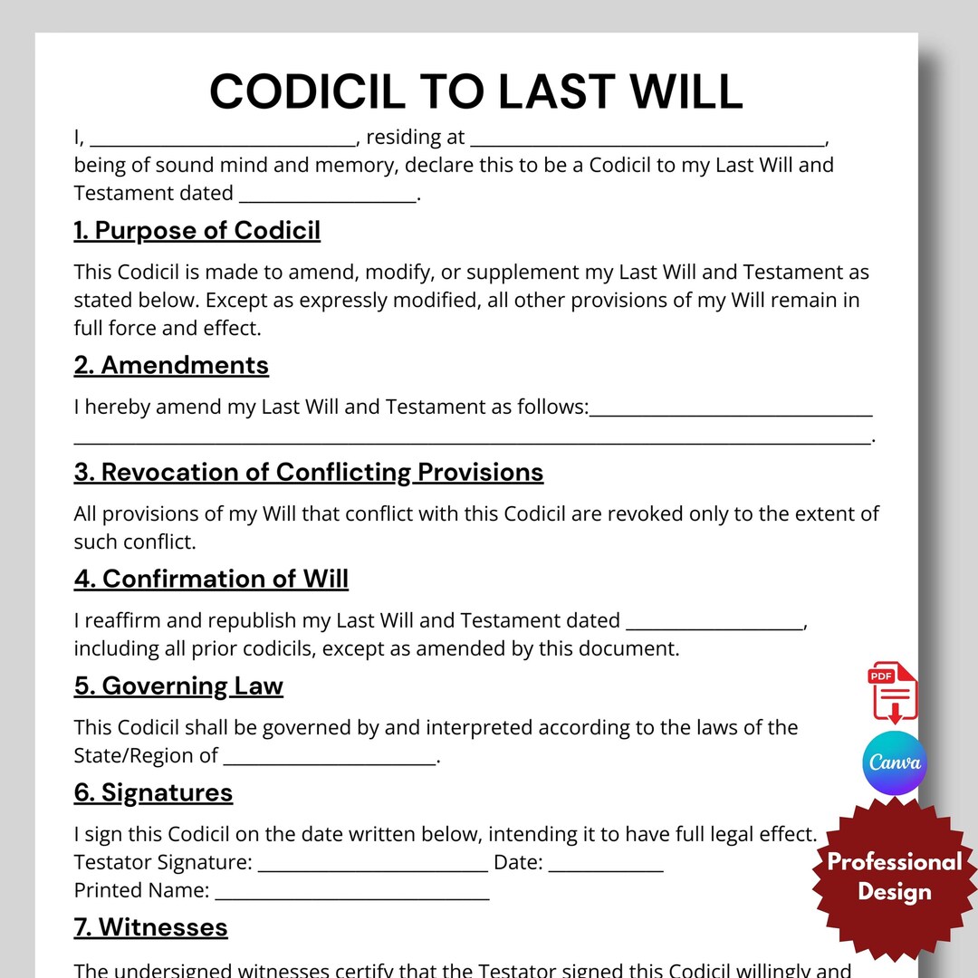 Will Codicil Template , Will Codicil Forms, Will Codicil, Codicil ...