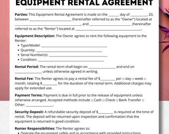 Noleggio attrezzature, durata del noleggio, pagamenti del noleggio, attrezzature compilabili, attrezzature in leasing, contratto di noleggio, attrezzature stampabili, utilizzo delle attrezzature