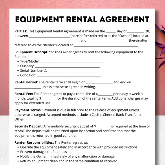 Equipment Rental, Rental Term, Rental Payments, Fillable Equipment, Lease Equipment, Rental Contract, Printable Equipment, Use of Equipment
