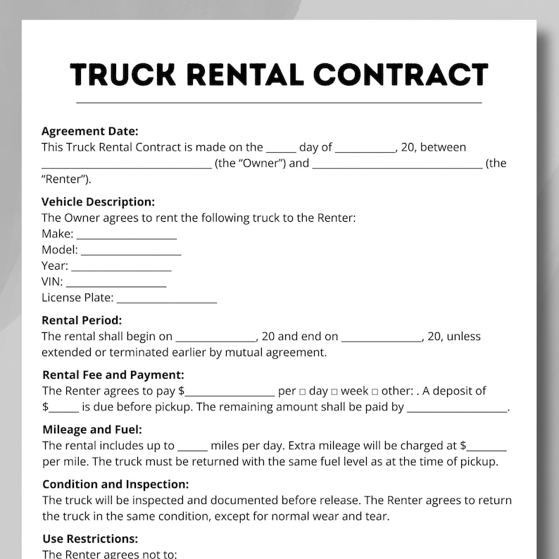 Truck Rental Contract Template, Editable PDF, Canva Template - Etsy