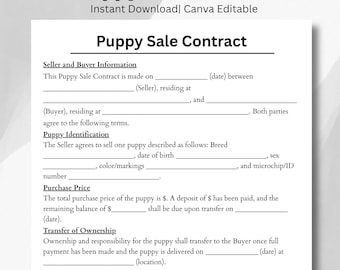 Puppy sale contract, pet sitting template, pup selling, puppy agreement, puppy information, puppy adoption form, pet service contract