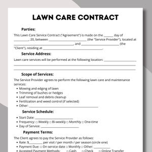 Könnte beinhalten: Ein gedruckter Rasenpflegevertrag mit dem Titel "LAWN CARE CONTRACT" in fetten schwarzen Buchstaben. Der Vertrag enthält Abschnitte für die beteiligten Parteien, die Serviceadresse, den Leistungsumfang, den Serviceplan und die Zahlungsbedingungen. Das Dokument ist auf weißem Papier.