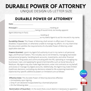 May include: A white Durable Power of Attorney document, US Letter size. The document includes sections for date, principal, agent, and clauses regarding powers granted and effective date. Canva and PDF logos are visible.