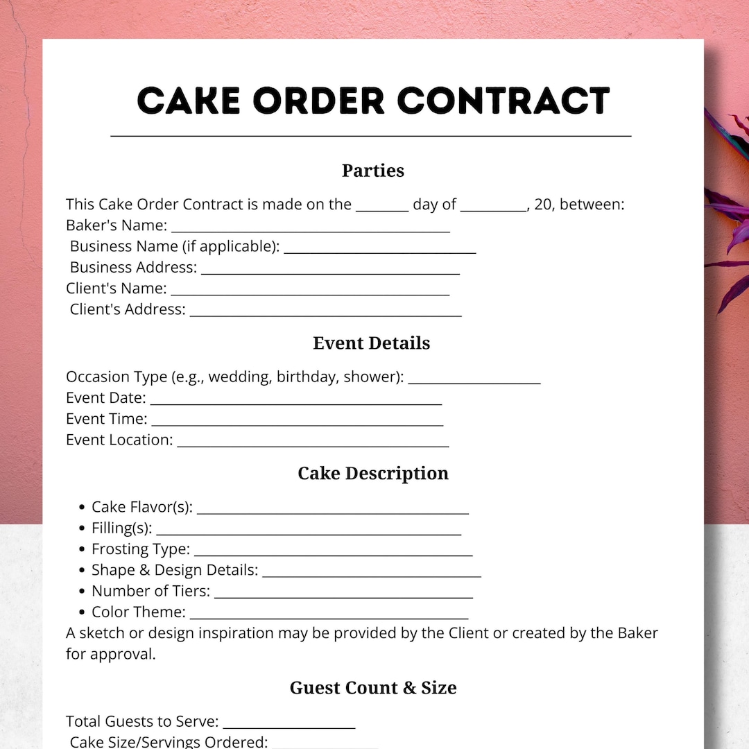 Cake Contract, Cake Order Contract, Contract Template, Editable ...