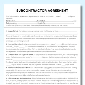 Peut inclure: Un document d'accord de sous-traitance intitulé "SUBCONTRACTOR AGREEMENT". Le document comprend des sections pour la portée des travaux, la durée, la rémunération et le statut d'entrepreneur indépendant. Le texte est noir sur fond blanc.