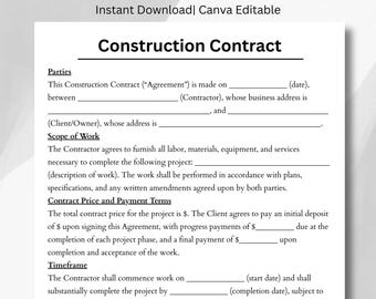Editable Construction Contract Template: Printable Canva PDF (Digital Download, 2 Pages) Construction Work, Contract Agreement,