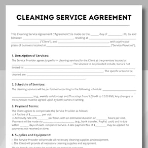May include: A printed cleaning service agreement with the title "CLEANING SERVICE AGREEMENT" at the top. The document includes sections for services, schedule, payment terms, and supplies.