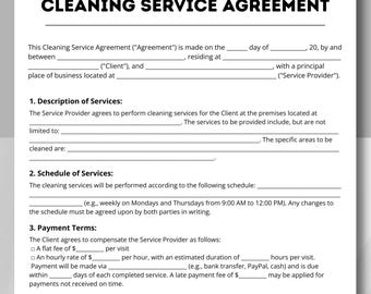 Może przedstawiać: Wydrukowana umowa o świadczenie usług sprzątania z tytułem "CLEANING SERVICE AGREEMENT". Dokument zawiera sekcje dotyczące usług, harmonogramu, warunków płatności i materiałów.