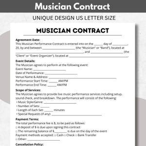 ミュージシャン契約、パフォーマンス、バンド契約、ミュージシャン契約、記入可能なミュージシャン、ライブパフォーマンス、ギグ契約、音楽契約