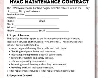 Manutenção de HVAC, Modelo de Contrato, Serviço de Aquecimento, Modelo de Acordo, Serviço de Refrigeração, Contrato em PDF, Serviços de HVAC, Modelo de Formulário