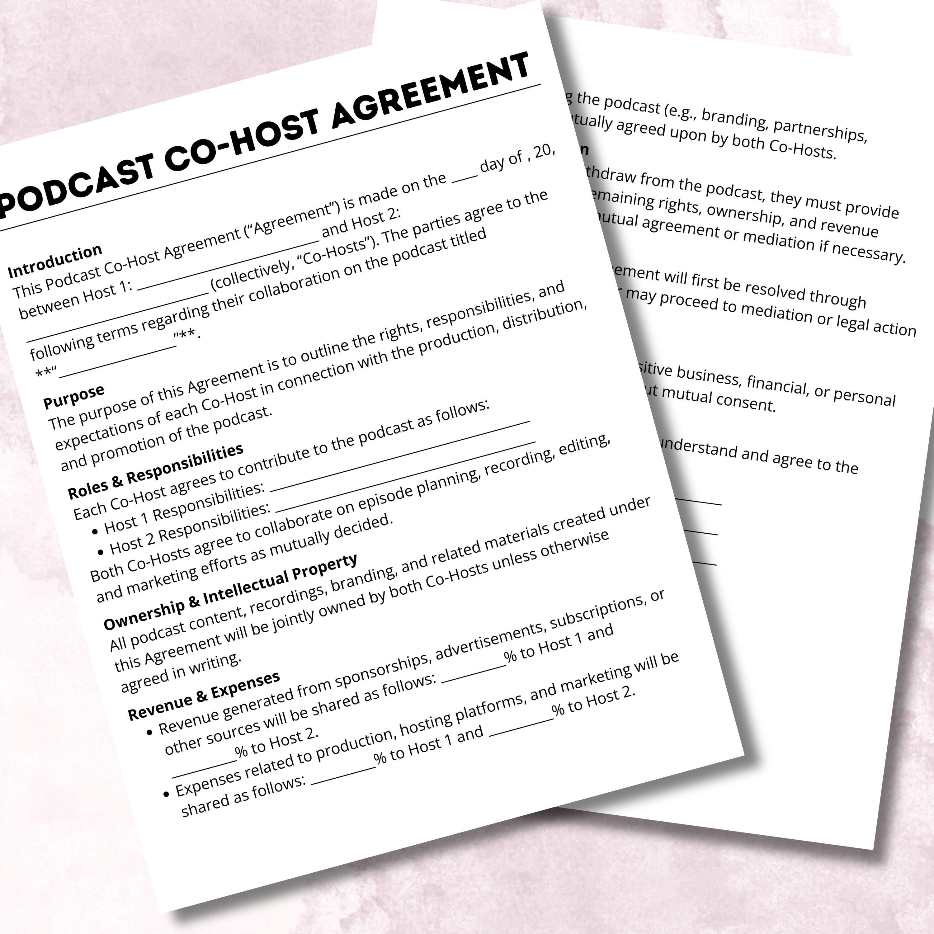 Podcast Cohost Form, Podcast Agreement, Cohost Contract, Podcast ...