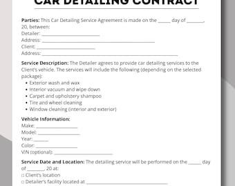 Car detailing, Auto detailing, Detailing contract, Auto contract, Vehicle detailing, Auto agreement, Car detailing sheet, Detailing services
