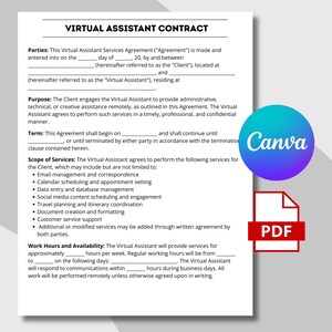 K&ouml;nnte beinhalten: Eine Vorlage f&uuml;r einen Virtual-Assistant-Vertrag mit dem Titel "VIRTUAL ASSISTANT CONTRACT" oben. Das Dokument umrei&szlig;t Dienstleistungen, Bedingungen und Konditionen. Ein Canva-Logo und ein PDF-Symbol sind auf der rechten Seite des Bildes sichtbar.