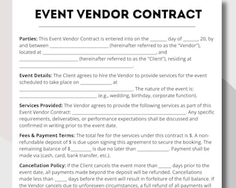 Event Vendor Contract, Wedding planner, Event planning, Editable contract, Agreement Contract, Food vendor, Venue Vendor, Event vendor form
