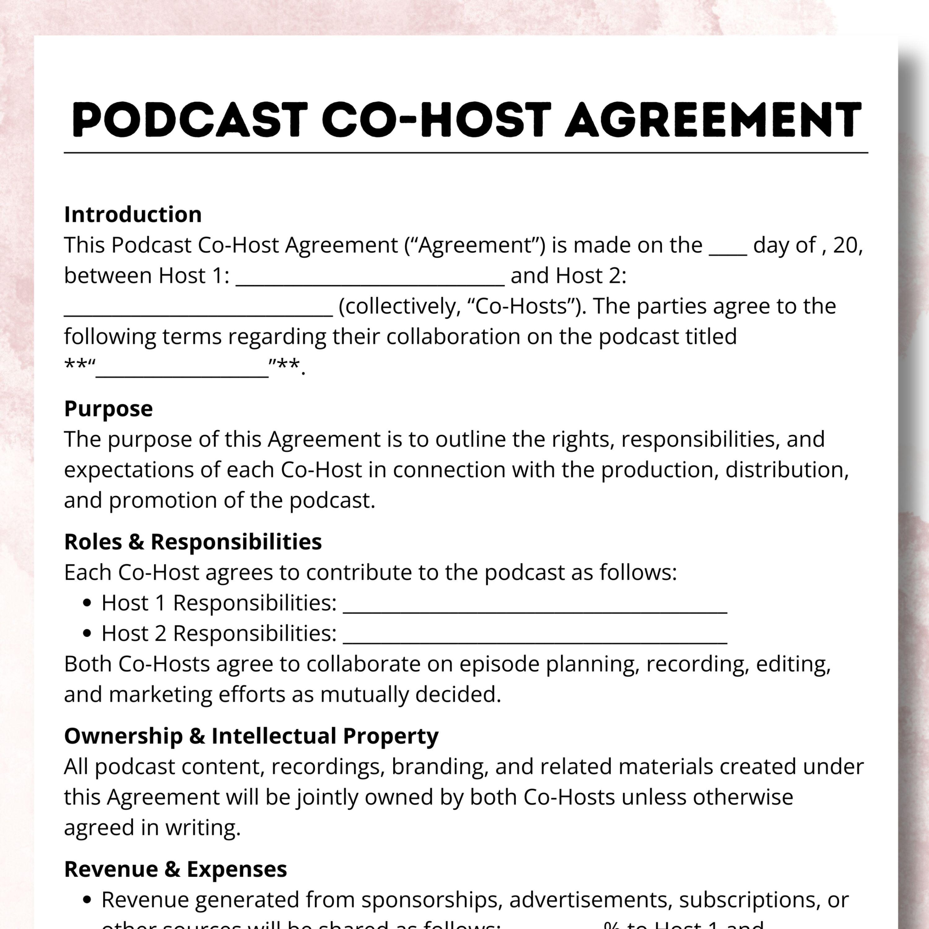 Podcast Cohost Form, Podcast Agreement, Cohost Contract, Podcast ...