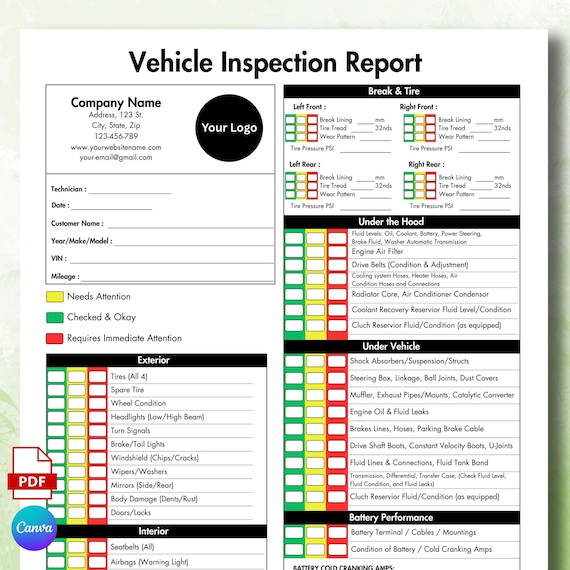 Vehicle Inspection, Report template, Auto Inspection PDF, Word Car Checklist, Vehicle Evaluation, Auto Repair Template, Inspection Form
