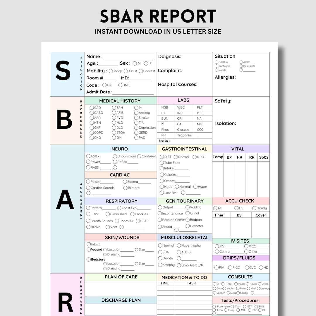 Editable SBAR Nursing Report Sheet Med Surg Nurse Brain ICU Report ...