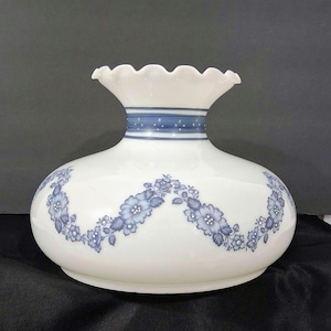 Antique Lamp Shade, Milk Glass, Hand-Painted Blue &White Floral Design, Victorian, 1880-1915