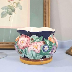 Vintage Fitz And Floyd Floral Planter Or Trinket Bowl, Ceramic Cache Pot, Majolica Pottery Style, Multi-Colored, 3.5", 1994