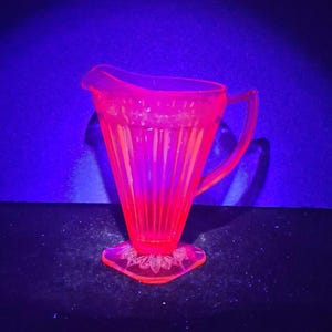1930s Art Deco Jeanette Pink Selenium Depression Glass "Adam" Pitcher, 8" Square Footed Water Jug, Floral Etched Glass, 32 Oz. UV Reactive